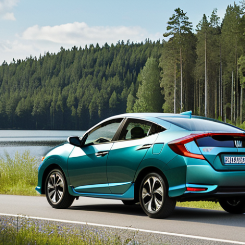 Home 4 **Prompt:** A sleek Honda Insight driving through a picturesque Swedish landscape with green forests and clear lakes. Focus on highlighting the car's modern design and its integration with the natural environment. Emphasize eco-friendliness and sustainability.